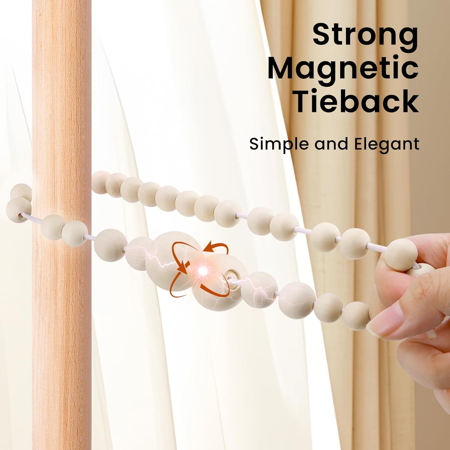 KLOGTSIND Magnetic Curtain Tiebacks, Curtain Tie Backs for Curtains 4 Pack, Wood Bead Curtain Tiebacks, Curtain Holders for Boho Bedroom Decor, Baby Nursery Decor, Farmhouse Decor Dormly