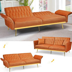 70” Velvet Futon Sofa Bed w/Adjustable Armrests & 2 Pillows, Convertible Futon Couch w/Adjustable Backrests, Modern Sleeper Bed for Living Room, Bedroom, Orange