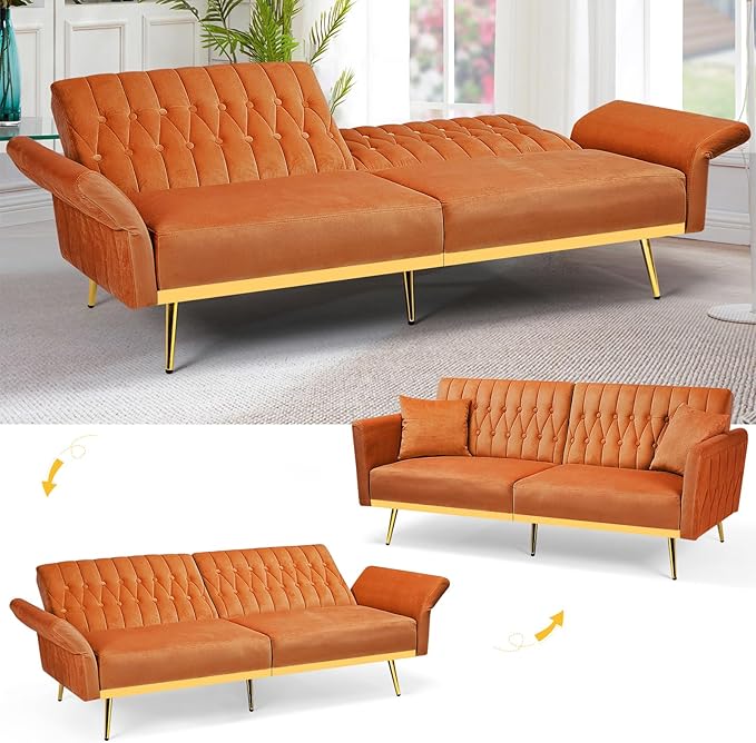 70” Velvet Futon Sofa Bed w/Adjustable Armrests & 2 Pillows, Convertible Futon Couch w/Adjustable Backrests, Modern Sleeper Bed for Living Room, Bedroom, Orange