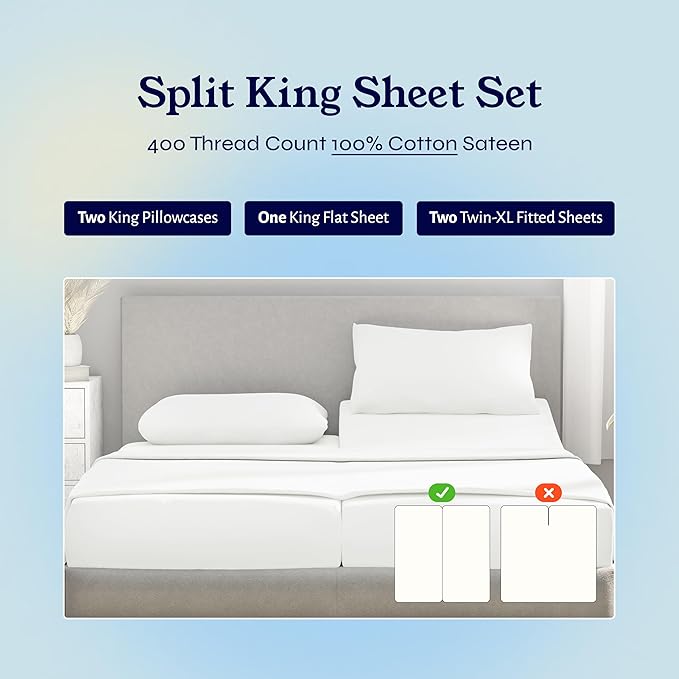 California Design Den Split King Sheets Sets for Adjustable Bed - Soft 400 Thread Count Sateen, Natural 100% Cotton Sheets, Deep Pockets, Breathable, & Durable Bedding Set - Ivory (Pale Tone)