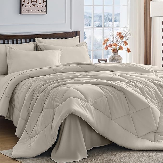 HEVUMYI Linen California King Comforter Set - 7-Piece All Season Bed in a Bag Cal King, Ultra Soft Bedding Set with Comforter, Flat Sheet, Fitted Sheet, Pillowcases, Pillow Shams