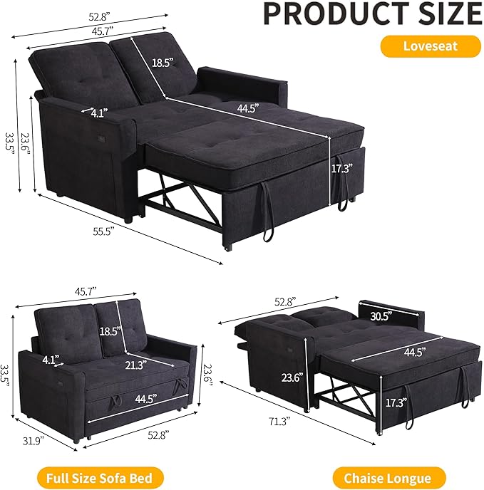 EJUNQ Pull Out Couch, Convertible Sofa Bed with USB and Reclining Backrest, Modern 3 in 1 Sleeper Sofa Couch Bed with Side Pockets, Comfortable Loveseat Sleeper for Small Spaces.(Black)