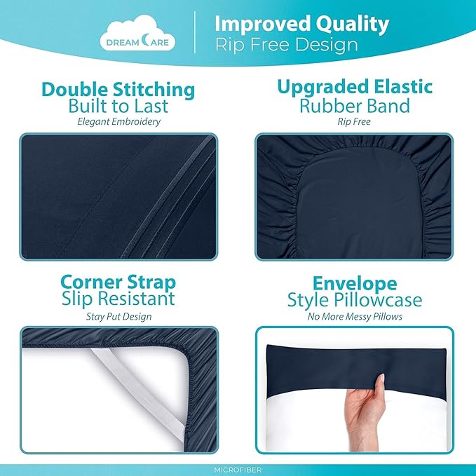 DREAMCARE Twin XL Sheet Sets – 3pcs Cooling Sheets – up to 15” Deep Pocket Twin XL Sheets Set – Hotel Luxury Sheets & Pillowcases – Superior Softness 100% Fine Microfiber with Side Pocket – Navy Blue DREAMCARE