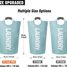 Caroeas 125L Laundry Basket,Large Laundry Hamper, Laundry Bag with Padded Handles, Clothes Hamper Stands Up Well, Collapsible Free Standing Easy Storage Washing Bin (Light Blue,125L)