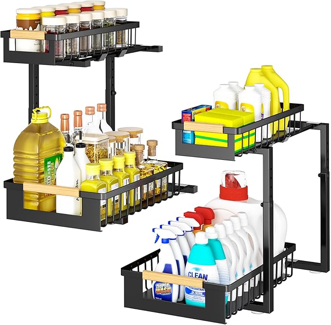 Under Sink Organizer 2-Pack Pull out Cabinet Organizer 2 Tier Metal Shelf Undersink Rack for Kitchen Bathroom Pantry Cabinet Organization and Storage, Black