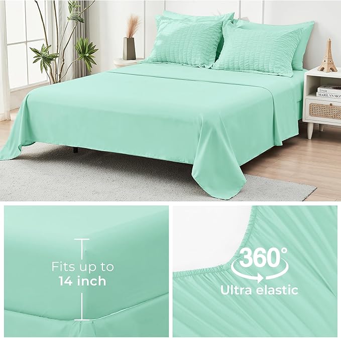 HYMOKEGE Mint Green Twin Comforter Set Seersucker 5 Pieces, All Season Luxury Bed in a Bag for Bedroom, Bedding Set with Comforter, Sheets, Pillowcase & Sham