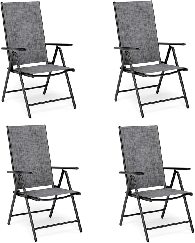 MFSTUDIO Patio Folding Chairs Set of 4, Outdoor Patio Dining Chairs, Portable Grey Sling Patio Chairs, 7 Levels Adjustable Sling Back Chairs for Backyard Lawn Garden