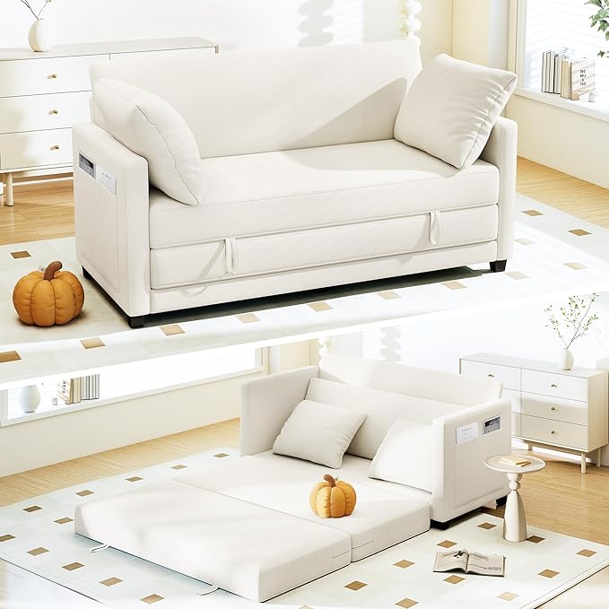 65" Convertible Loveseat Sofa Bed, 2-in-1 Folding Sofa Bed with 2 Pillow for Small Spaces, Modern Loveseat Sleeper Couch for Apartment, Living Room & Guest Room (Beige Chenille, 65 inch)