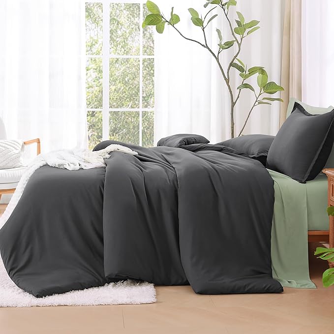 Litanika Comforter Set, Lightweight Solid Bedding Comforter Set, Fluffy Down Alternative Bed Set, Dark Grey, Oversized Queen