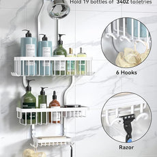 YASONIC Shower Caddy - Never Rust Aluminum Organizer - Over Shower Head with 10 Hooks & Soap Basket - White