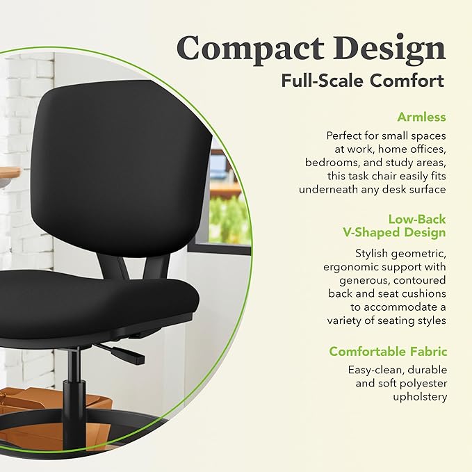 HON Volt Standing Desk Chair, Fabric Home Office Chair with Foot Rest, Armless, Ergonomic Recline and Center Tilt, for Computers, Offices, Work, Black