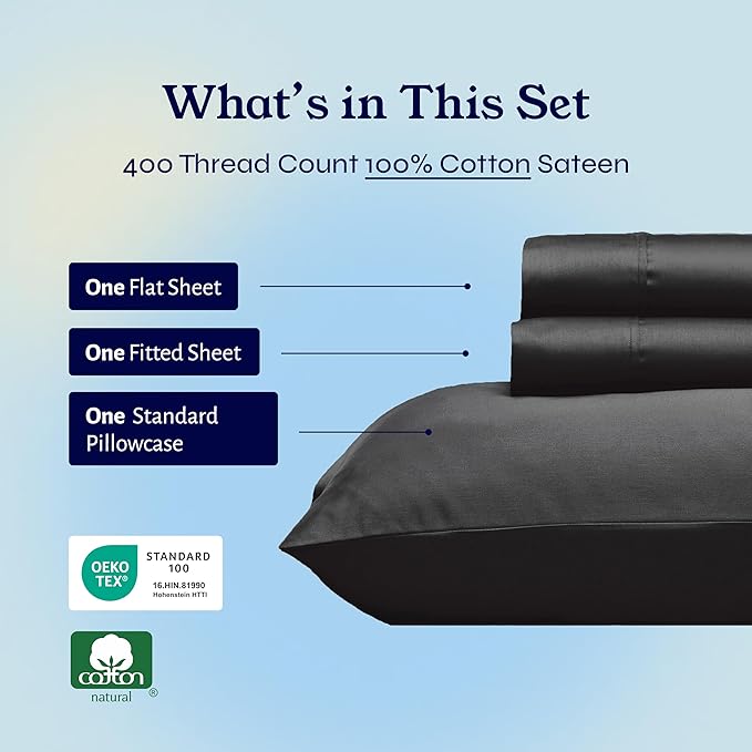 California Design Den Soft Twin Sheets Set - 400 Thread Count Sateen, 100% Cotton Sheets, Deep Pockets, and Durable Bedding Set for Dorm Rooms & Adults - Black