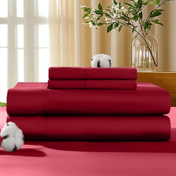 LBRO2M 100% Cotton Sheets Set Deep Pocket 19", 1000 Thread Count California King Size 4 Piece Bed Sheet Sets Soft Comfortable Bedding All Season (California King, Burgundy)