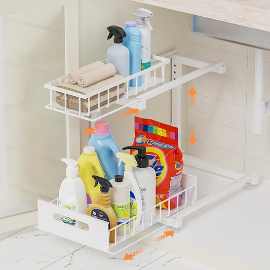 Under Sink Organizer, Heavy Duty Metal Pull Out Cabinet Organizer Slide Out Sink Shelf Organizer Height Adjustable, Multi-Purpose Storage Shelf for Kitchen Bathroom (White,1Pack)