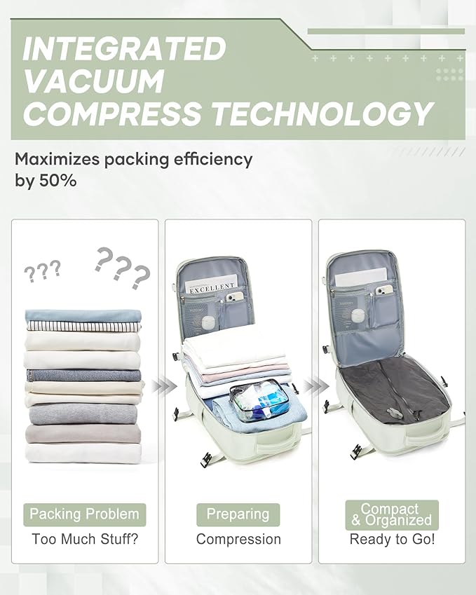 suwasp Vacuum Compression Backpack, 45L Expandable Travel Backpack with Electric Vacpack Pump, Travel Vacuum Bags with Shoe Compartment/17inch Laptop Compartment/USB Port, Mintgreen