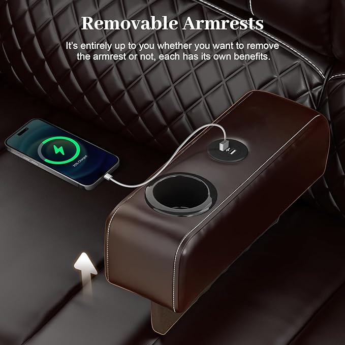 Recliner Sofa, 3 Seater Manual Reclining Sofa with 2-Tier Cushion, Reclining Couches for Living Room with Removable Console, Hidden Storage Space, Cup Holders - Brown