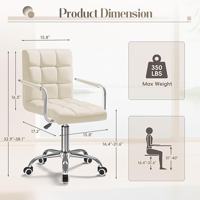 Furmax Mid-Back Office Task Chair Ribbed PU Leather Executive Chair Modern Adjustable Home Desk Retro Comfortable Work Chair 360 Degree Swivel with Arms (Beige)