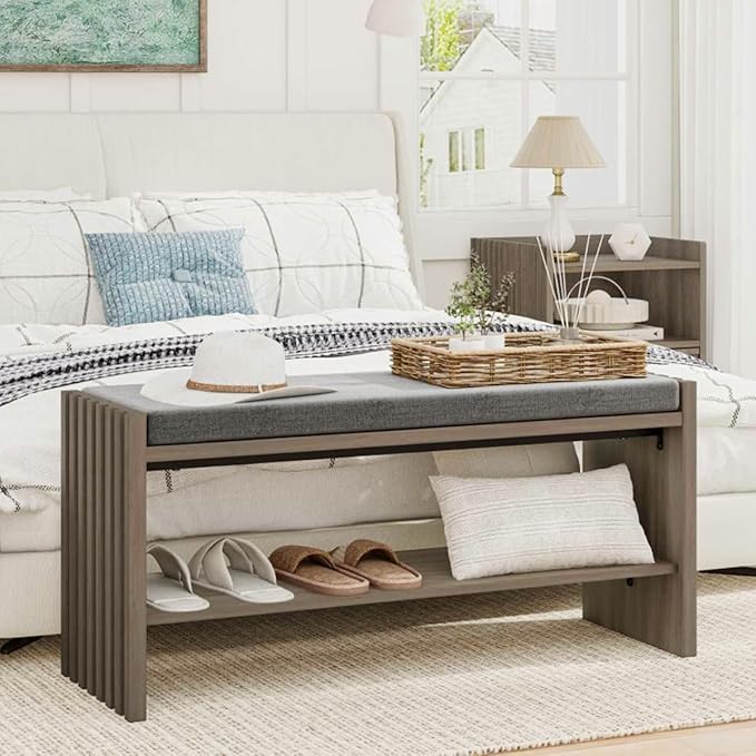 BON AUGURE Shoe Storage Bench Bedroom, Entryway Bench with Cushion, Ottoman Benches for Living Room Hallway Entry (Greige Oak, 40 Inch Wide)