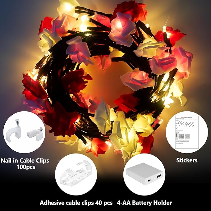 Rose Blossom Enchanted Willow Vine Lights, 7.55FT 144LED 3 Color Rose Blossom Tree Branch Lights for Wall, Remote Timer,8 Light Model,Bedroom Wall Doors Wedding, Christmas, USB Battery Box