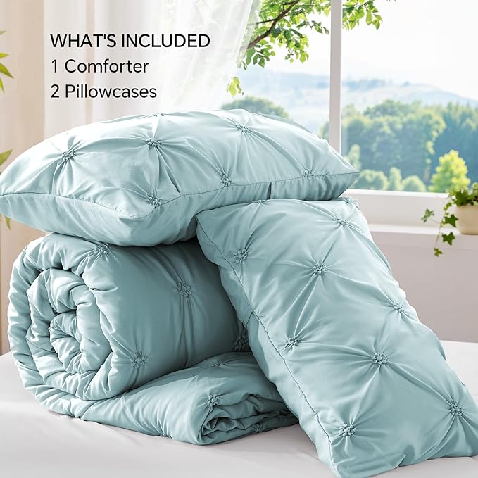 BEDELITE Dusty Blue Queen Comforter Set - 3 Pieces Boho Pintuck Bedding Comforter Sets, Lightweight Soft & Warm Bed Comforter Queen with 2 Pillowcases for All Season