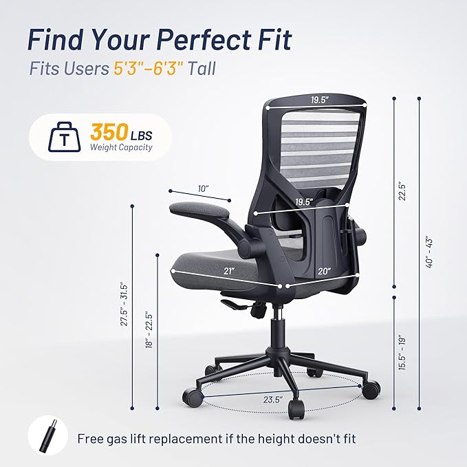 Office Desk Chair for Long Hours & Lower Back Pain Relief – 4“ Thick Molded Foam Cushion, Enhanced Lumbar Support, Padded Flip-up Armrests, Dark Gray