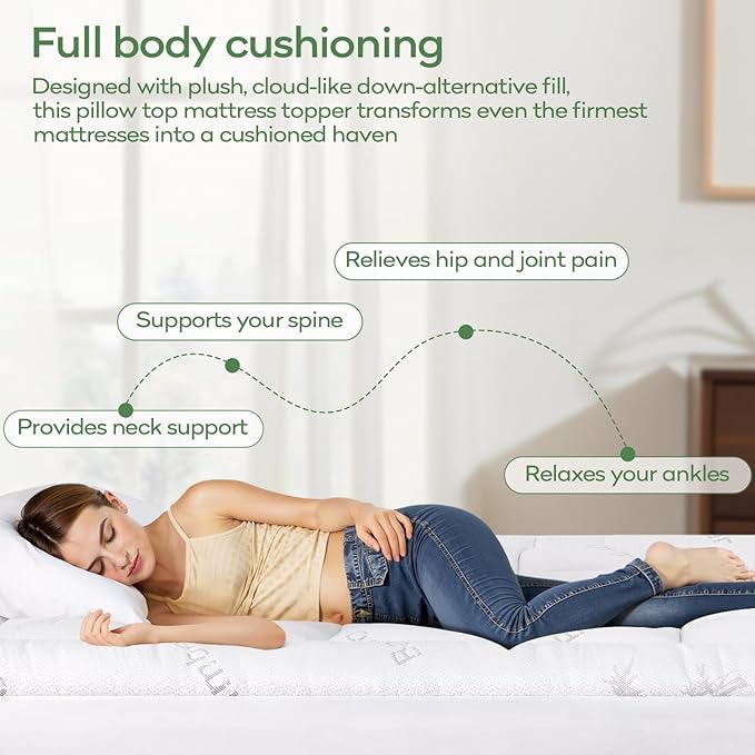 OLANLY King Mattress Topper – Viscose Made from Bamboo, Cooling Soft King Pillow Top Mattress Pad for Back Pain Relief, Plush Down Alternative Fill Bed Topper with Elastic Deep Pocket, White