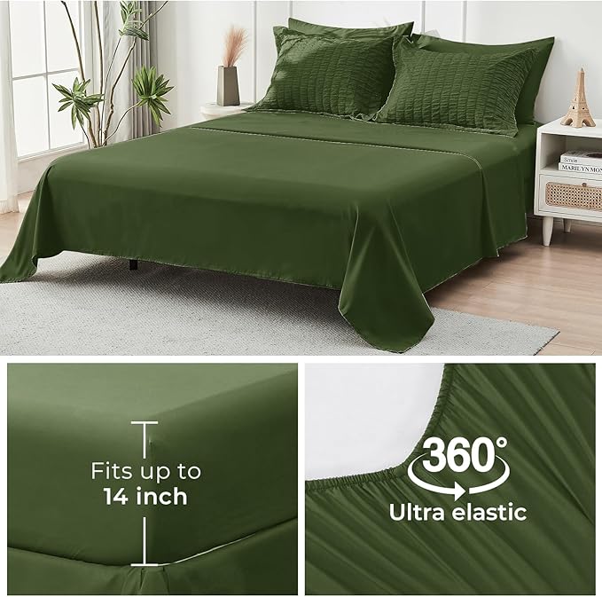 HYMOKEGE Olive Green Queen Comforter Set Seersucker 7 Pieces, All Season Luxury Bed in a Bag Queen for Bedroom, Bedding Set with Comforter, Sheets, Pillowcases & Shams