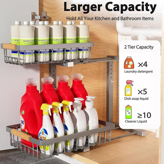 Under Sink Organizer Storage 2 Pack, 2 Tier Slide Out Height Adjustable Pull Out Cabinet Organizer Drawer for Kitchen Bathroom Large Under Sink Shelf Rack Caddy for Pantry, Grey