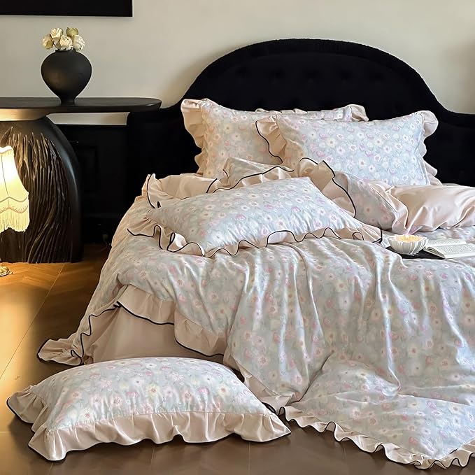 HighBuy Aesthetic Ruffle Floral Duvet Cover Set King,100% Brushed Cotton Soft Durable Reversible Coquette Ruffle Bedding Set,Pink White Floral Bedding Set,Duvet Cover with 2 Pillowcases