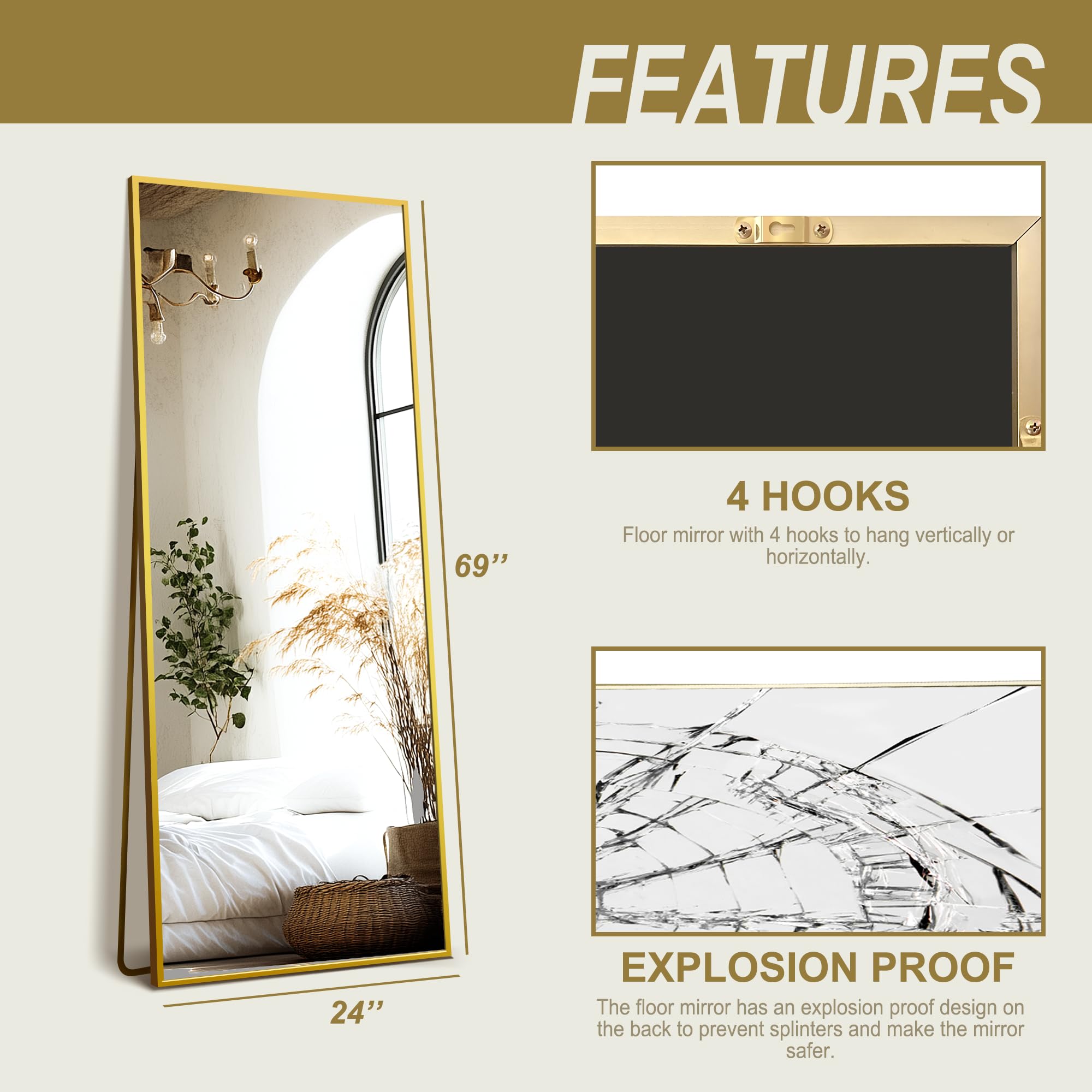 Delma Wall Full Length Mirror,Standing Mirror Full Body,Large Floor for Wall Door Bedroom Bathroom Living Room with Aluminium Frame(with Stand,56x15-Black) Dormly