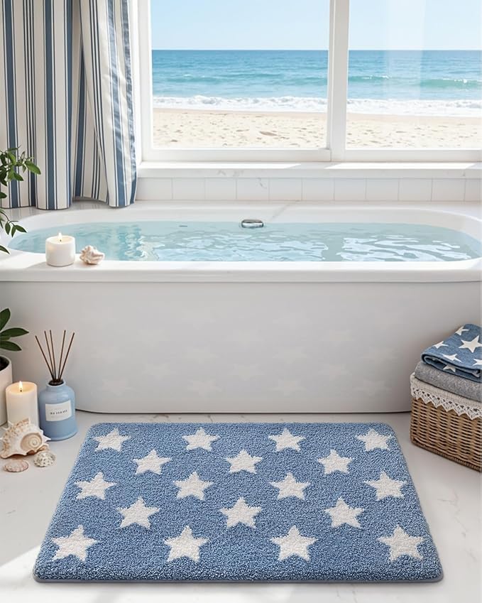 DEXI Star Bathroom Rug, 20x32 Non Slip Washable Bath Mat Absorbent, Ultra Soft Plush Microfiber Bathmat Quick Dry for Shower Floor, Tub, Sink, Light Blue