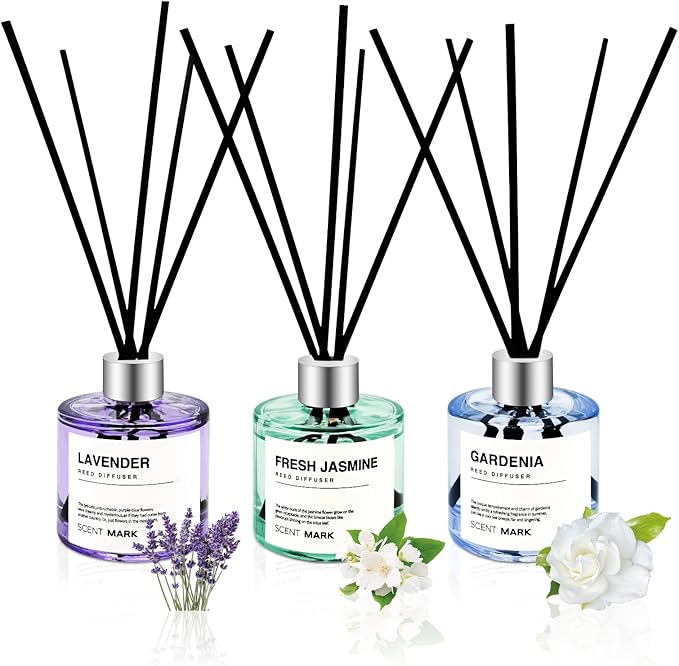 Reed Diffuser Set of 3 Pack,50ML Lavender Jasmine Gardenia Scented Oil Diffuser with 5 Sticks,Home Fragrance Reed Diffuser for Bedroom Bathroom Office (Lavender/Jasmine/Gardenia)