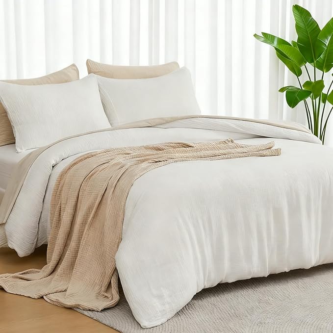 EMME Muslin Duvet Cover Queen Size Cream White, 100% Cotton Linen Like Comforter Cover Soft Breathable Lightweight Gauze Duvet Cover with 2 Pillowcases, 90"x90"