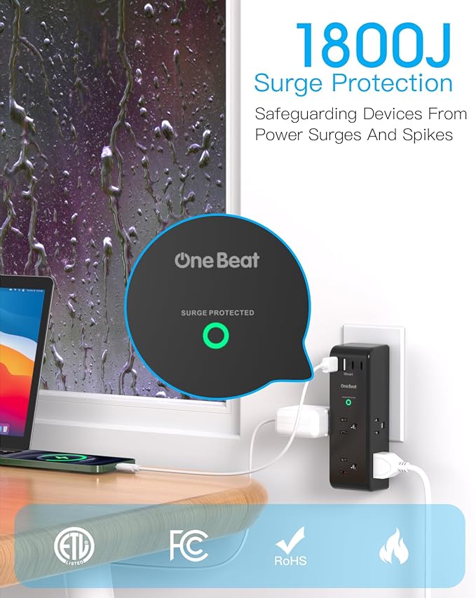 Surge Protector Outlet Extender - with Rotating Plug, 6 AC Multi Plug Outlet with 4 USB Ports (2 USB C), 1800 Joules, 3-Sided Swivel Power Strip with Spaced Outlet Splitter for Dorm, Office, Black