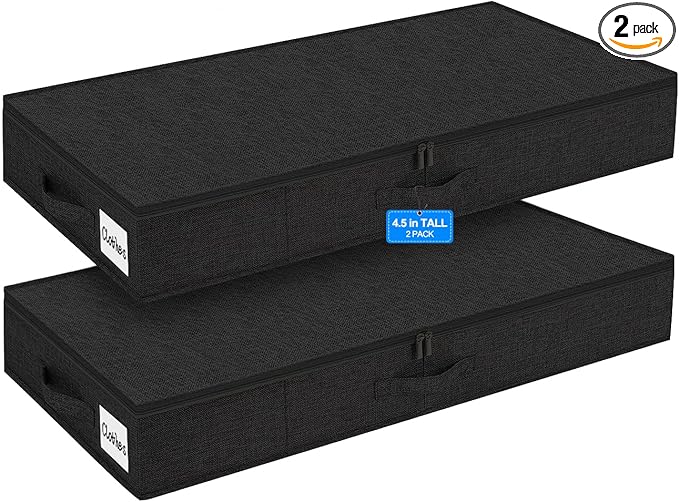 punemi Under Bed Storage Containers, 4.5 Inches Tall Low Profile Underbed Clothes Storage Organizer Bin with Sturdy Side & Bottom, Use as Shallow Dorm Storage Under Bed, Flat Clothes Organizer, Black