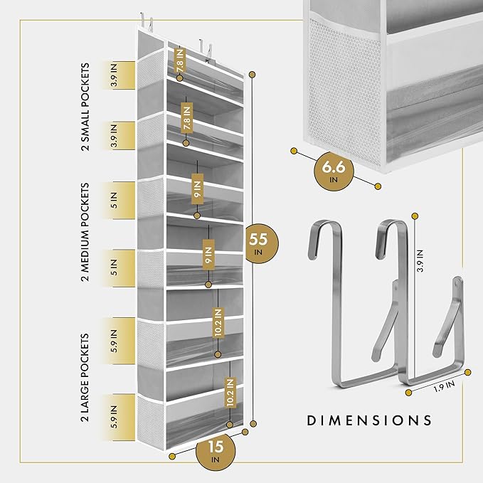 HOMELUX THEORY UPGRADED Over The Door Organizer Hanging - 100D EXTRA THICK & 50lbs HUGE CAPACITY 6Large Front & 12Side Pockets, Over The Door Shoe Organizer, Hanging Closet Organizer (Transparent 1pc)