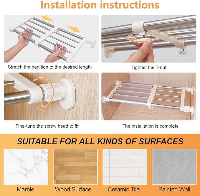 BAOYOUNI Tension Closet Shelves Stainless Steel Rustproof Storage Rack Bathroom Kitchen Organizer Shelf Dividers Ivory, 23.62-31.5 Inches