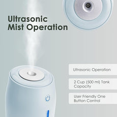 Aqua Glo Personal Humidifier – Ultrasonic Cool Mist, Rechargeable Battery for 15 Hours Use, 2-Cup Water Tank, Quiet Operation. Ideal for Travel, Office, Bedroom, Plants, and Home. Blue Mist