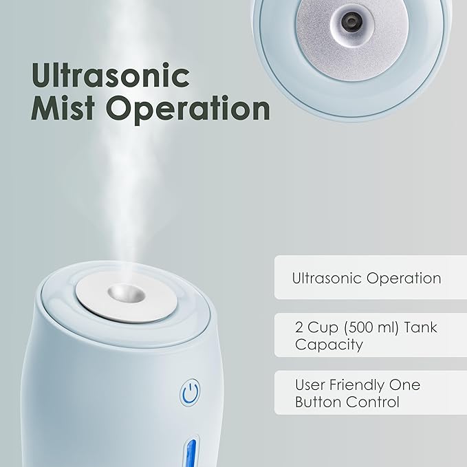 Aqua Glo Personal Humidifier – Ultrasonic Cool Mist, Rechargeable Battery for 15 Hours Use, 2-Cup Water Tank, Quiet Operation. Ideal for Travel, Office, Bedroom, Plants, and Home. Blue Mist