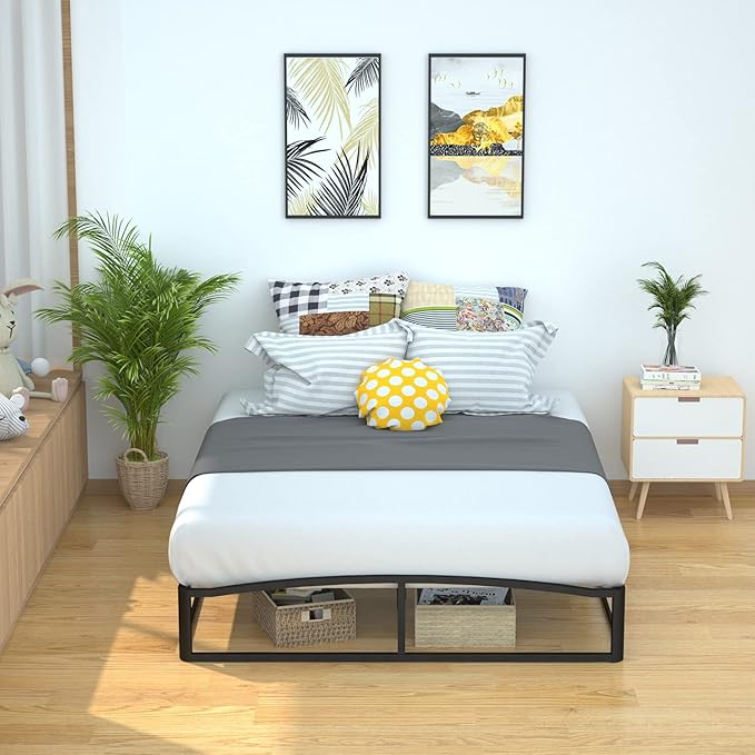 Amazon Basics Metal Platform Bed Frame with Wood Slat Support, 10 Inches High, Queen, Black