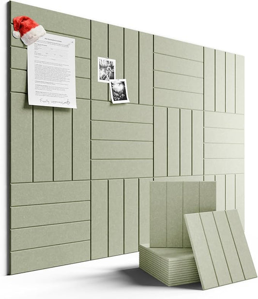 Felt Bulletin Board Tiles Large 48" x 36" Cork Board Alternative-12 Pack with 70 Adhesive Tabs, Thick Slat Wall Panels for Office Decor, Push Pin Board Wall Organizer Alternative -Sage