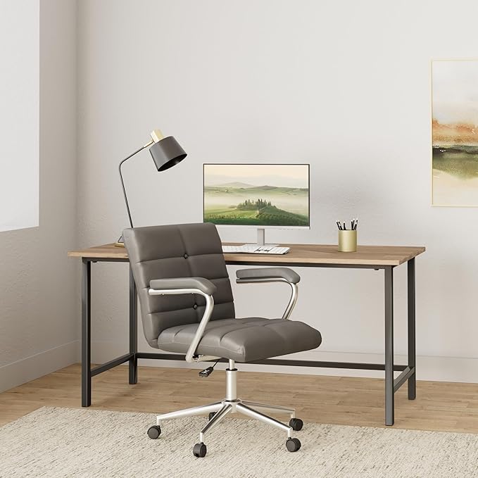 Velvet Home Office Desk Chair, Upholstered Adjustable Swivel Task Chair with Wheels, Tufted Mid-Back Computer Chair with Arms, for Study Living Room Vanity (Dark Grey)