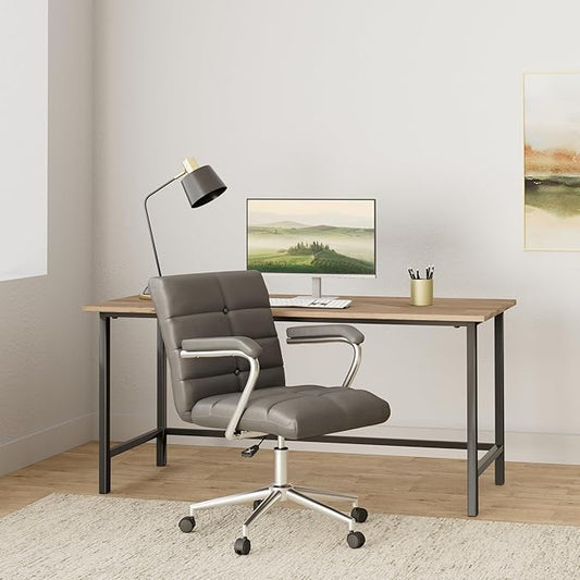 Velvet Home Office Desk Chair, Upholstered Adjustable Swivel Task Chair with Wheels, Tufted Mid-Back Computer Chair with Arms, for Study Living Room Vanity (Dark Grey)