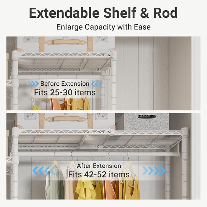 VIPEK X3 Expandable Heavy Duty Clothes Rack Adjustable from 5'2" to 8' with Flexible Shelves and Hanger Rods, Large Freestanding Clothing Racks for Hanging Clothes, Max Load 1210LBS, White