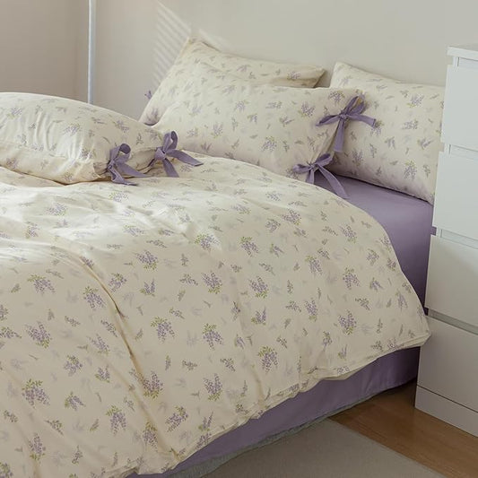 HighBuy Botanical Floral Duvet Cover Queen Boho Duvet Cover Set Soft Cotton Coquette Bedding White Duvet Cover Comforter Cover Vintage,Soft Cotton Queen Bedding Set with 2 Bowknot Bow Tie Pillowcases