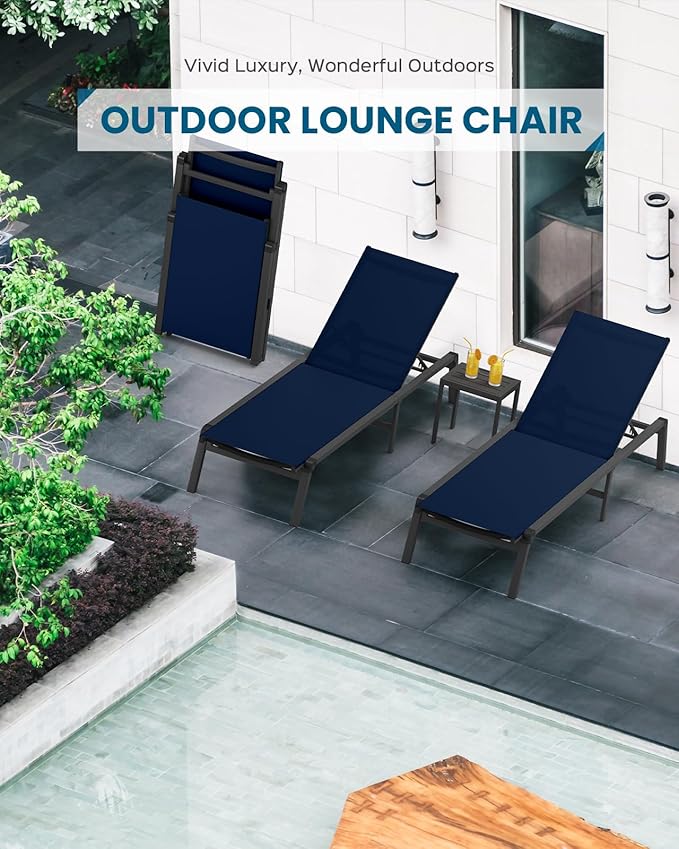 Foldable Pool Lounge Chairs, Aluminum Chaise Lounge Outdoor with 5 Positions Recliner - Free Assembly - Patio Lounge Chair for Poolside, Beach (Navyblue)