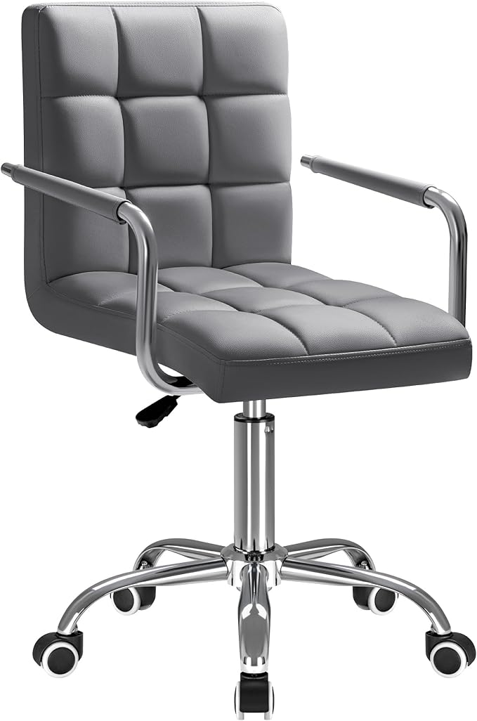 Furmax Mid-Back Office Task Chair Ribbed PU Leather Executive Chair Modern Adjustable Home Desk Chair Retro Comfortable Work Chair 360 Degree Swivel with Arms (Grey)