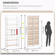 4NM No Assembly 6 Tiers Folding Bookshelf Storage Shelves Vintage Bookcase Standing Racks Study Organizer Home Office (Natural White)