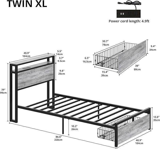 LIKIMIO Twin XL Bed Frames with Drawer, Storage Headboard with Outlets, No Box Spring Needed, Easy Assembly, Industrial Gray