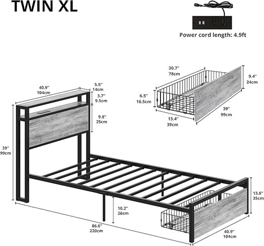 LIKIMIO Twin XL Bed Frames with Drawer, Storage Headboard with Outlets, No Box Spring Needed, Easy Assembly, Industrial Gray
